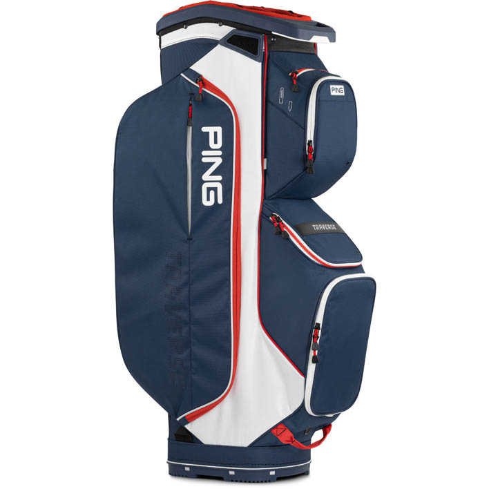 Bolsa de golf PING Traverse 244 en color azul marino, blanco y rojo, diseño ligero y espacioso con múltiples compartimentos