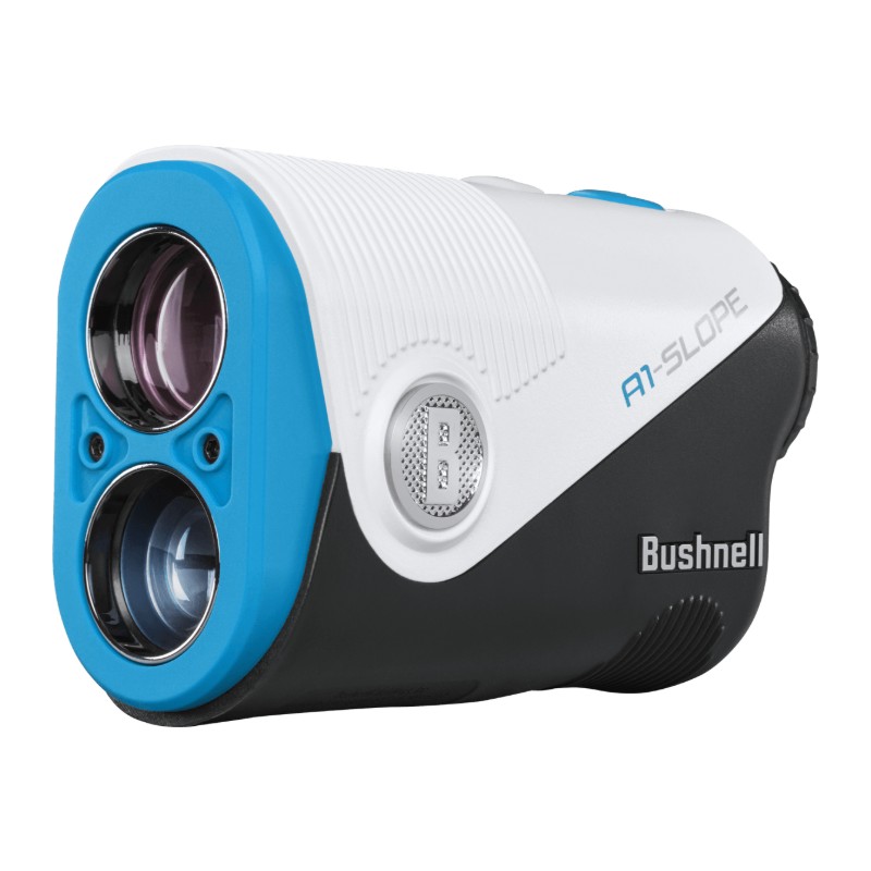 Medidor láser de golf Bushnell A1-Slope blanco y azul – vista frontal