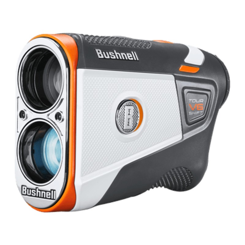 Medidor láser de golf Bushnell Tour V6 Shift blanco y naranja – vista frontal