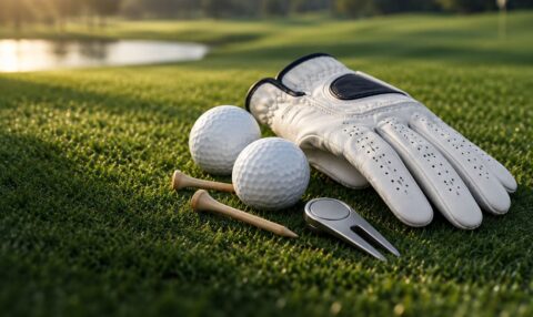 Guante, bolas, tees y arreglapiques de golf