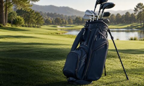 Bolsa de golf con palos en el campo