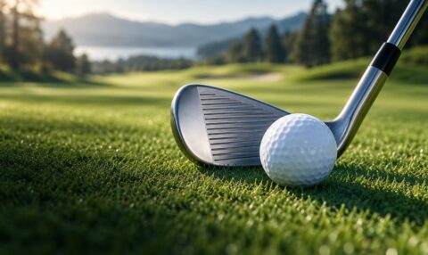 Palo de golf y bola sobre el césped del campo