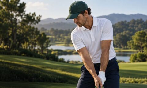 Golfista con polo blanco, gorra y pantalón de golf