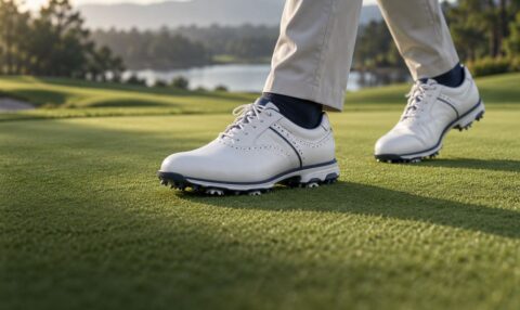 Zapatos de golf blancos sobre el césped